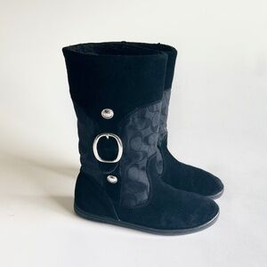 Coach Black Suede Leather Canvas Fur Lining Rubber Outsole Mid Calf Boots size 7